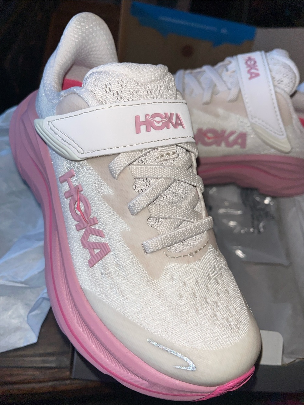 Hoka Kids White and Pink Hook-and-Loop Athletic Sneakers - Picture 3 of 11
